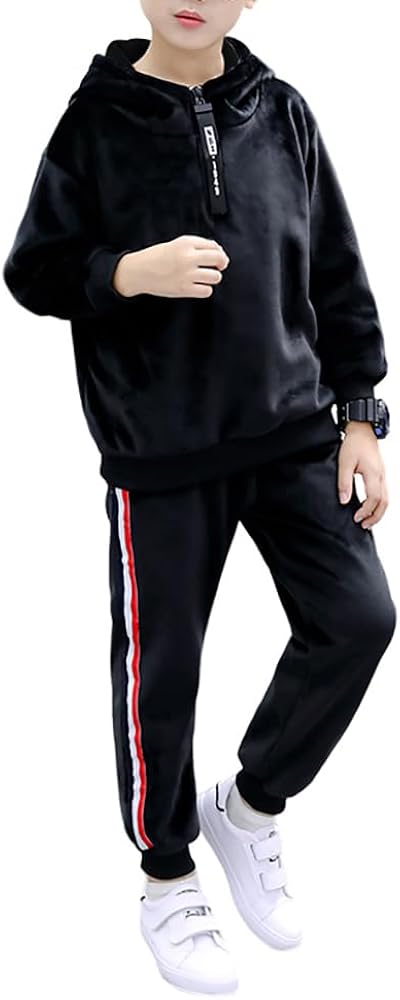 Little to Big Boys' Velour & Fleece Hoodie Tracksuit Sweatshirt Top + Sweatpant Velvet Fleece Jogger 2pcs Set