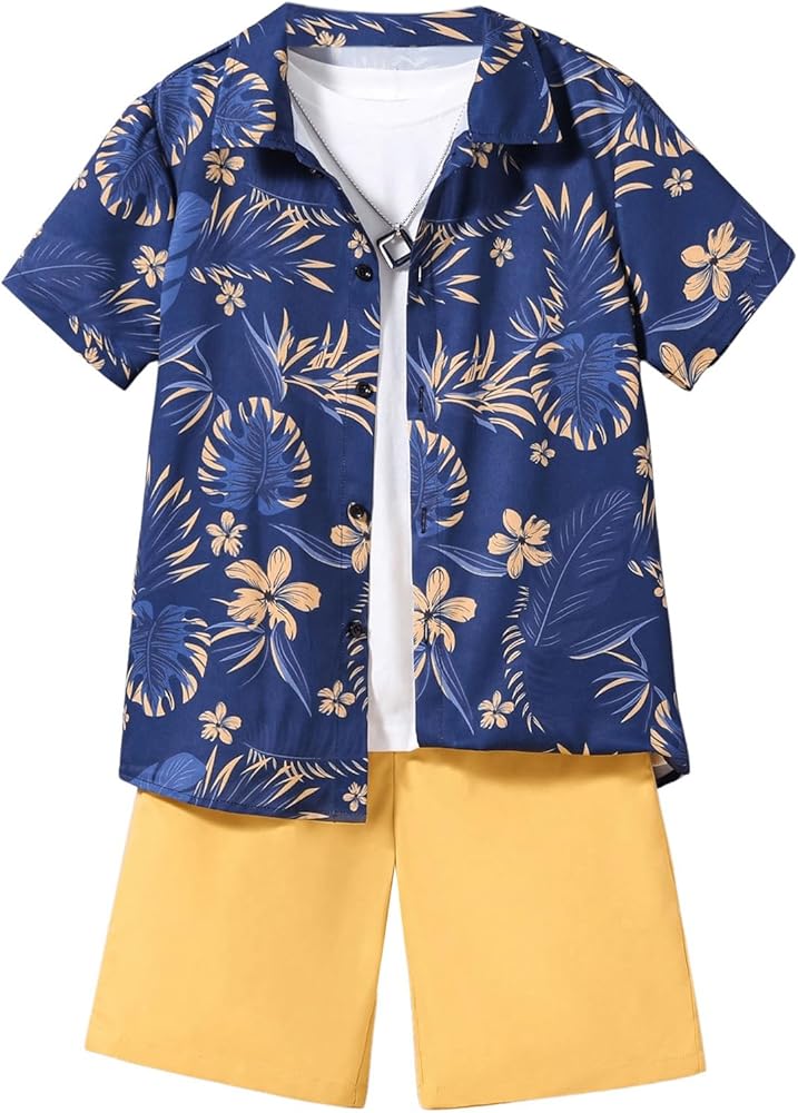 Floerns Boy's 2 Piece Outfit Hawaiian Short Sleeve Shirt with Shorts Set