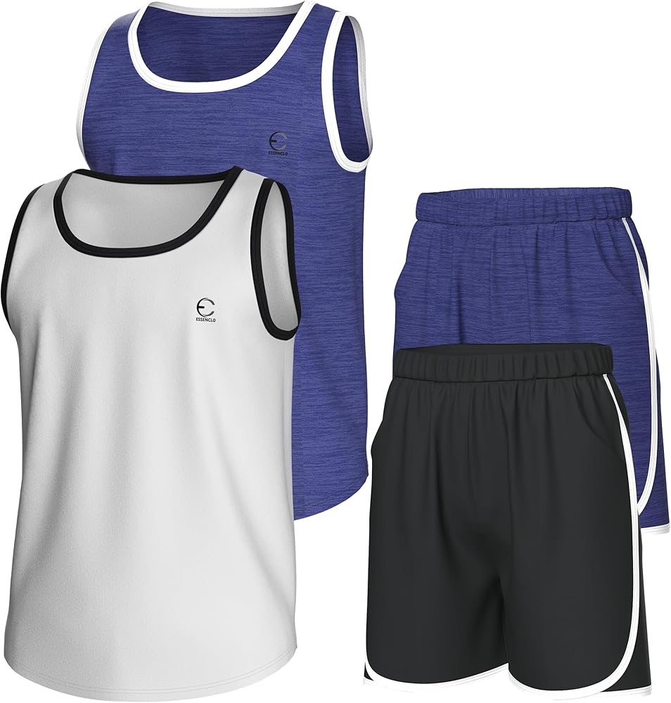 Boys Clothing Sets, Athletic Crew Neck Sleeveless T-Shirt and Boys' Short Sets Outfits w/Pockets 4 Pcs - Size 3-16