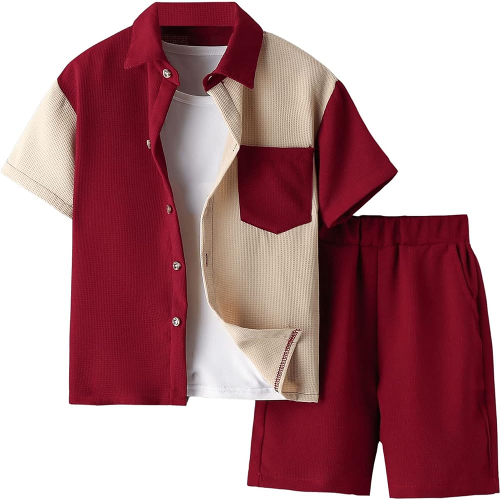 Verdusa Boy's 2 Piece Set Colorblock Button Front Collar Short Sleeve Shirt and High Waist Shorts