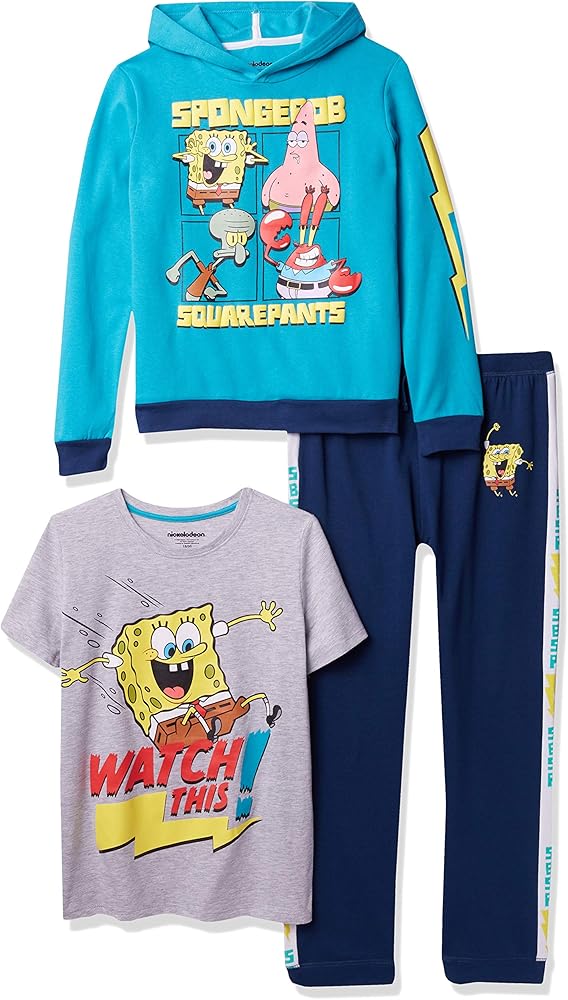 Nickelodeon Spongebob Squarepants Graphic Hoodie, T-Shirt, & Jogger Sweatpant, 3-Piece Athleisure Outfit Bundle Set-Boys 4-20