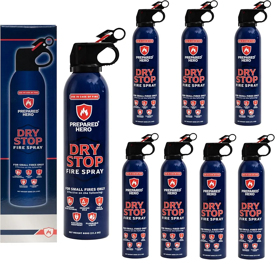 Dry Stop Fire Spray by Prepared Hero - 8 Pack - Portable Fire Extinguisher for Home, Car, Garage, Kitchen - Works on Electrical, Grease, Battery Fires & More - Compact, Easy to Use