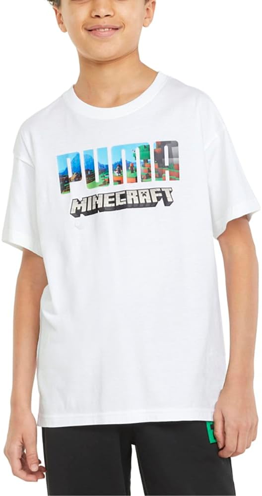 Puma Kids Boys Minecraft X Relaxed Crew Neck Short Sleeve Athletic Tops Casual - White