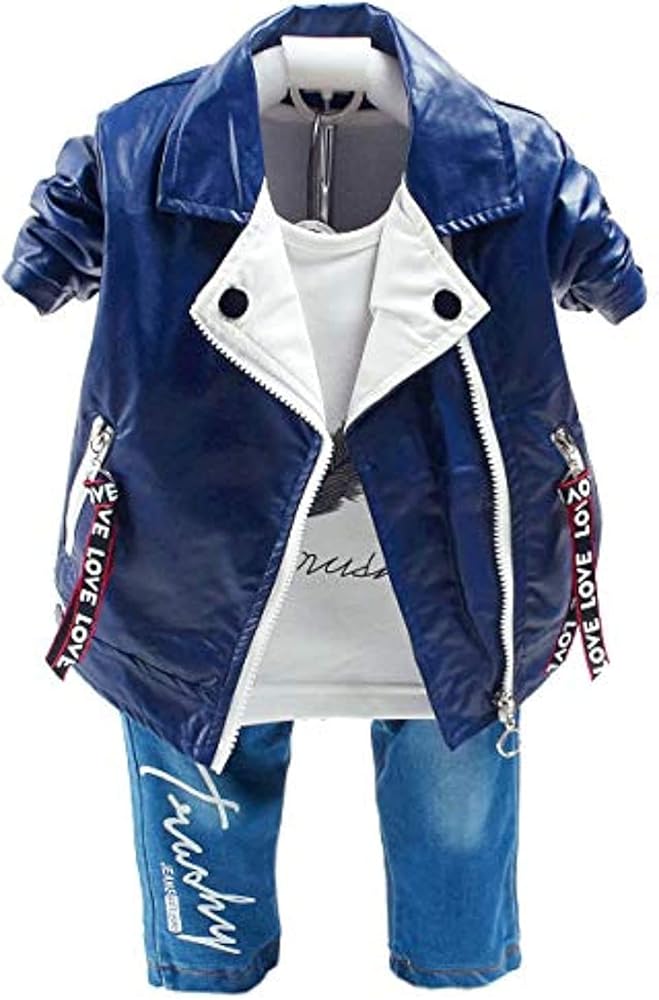 Yao 6M-5T Spring Autumn Little Boys Clothing Set 3pcs Long Sleeve T-Shirt Leather Jacket and Jeans