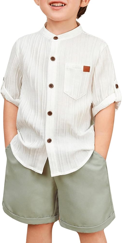 OYOANGLE Boy's 2 Piece Outfits Textured Button Front Short Sleeve Shirt and Shorts Set