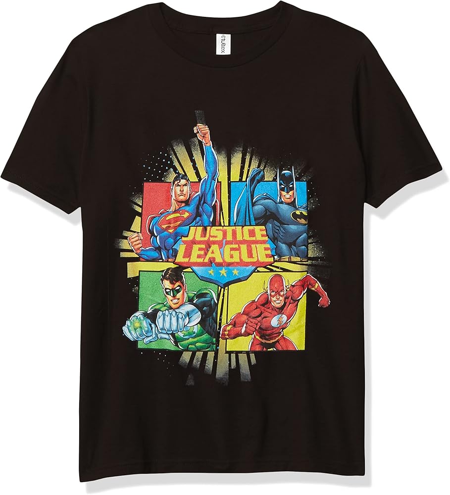 DC Comics Justice League Top Four Boy's Premium Solid Crew Tee, Black, Youth Large