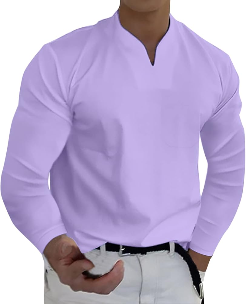 Men Spring Spring &Winter Casual V Neck Solid Long Sleeve Tee Shirt Top Blouse Boy Indoor Slipper FFFG Purple