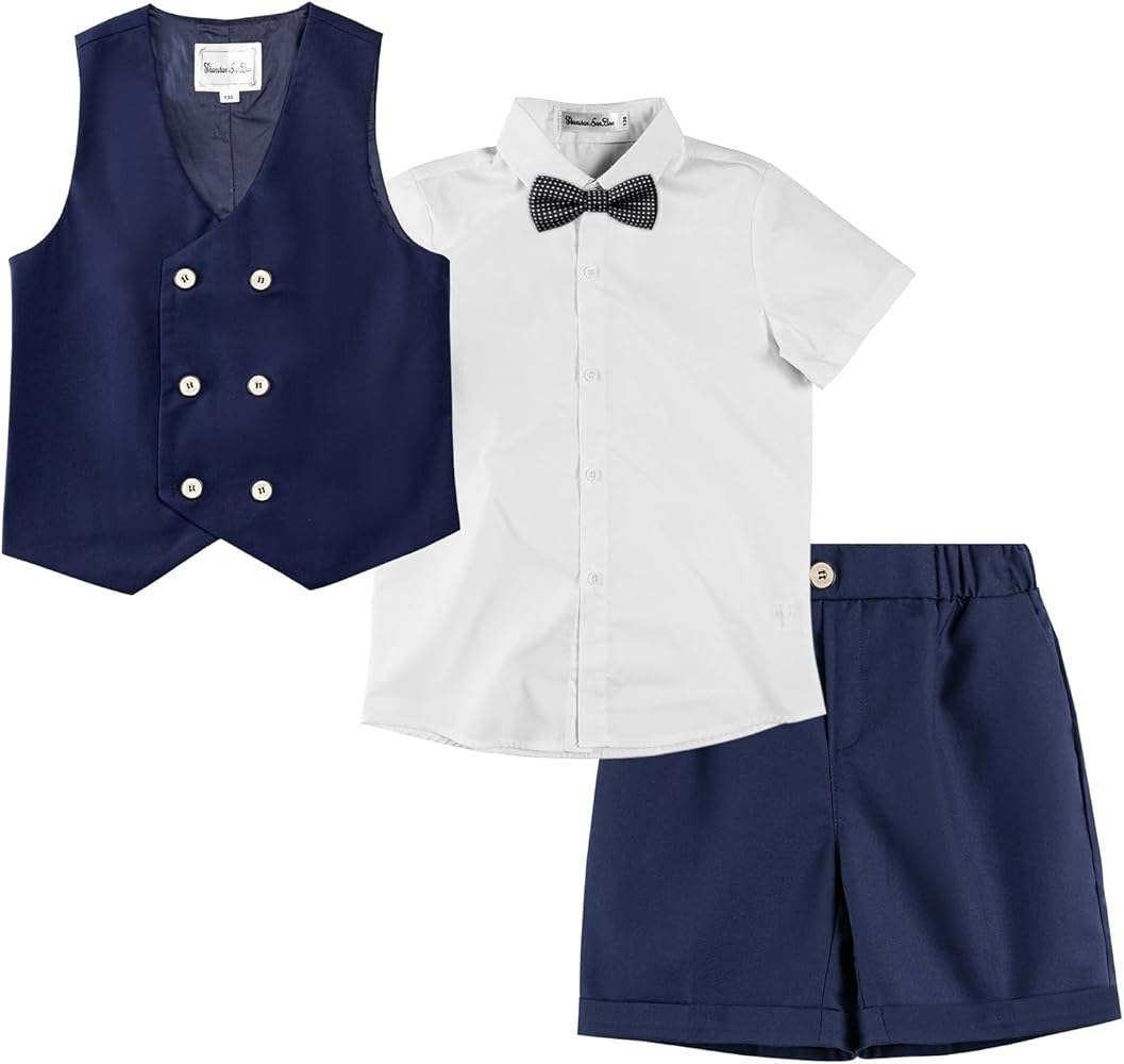 LOLANTA Summer Boys Suit, 4Pcs Kids Waistcoat Tuxedo Wedding Ring Bearer Outfit, Dress Clothes Shirt Vest Shorts Bow Tie