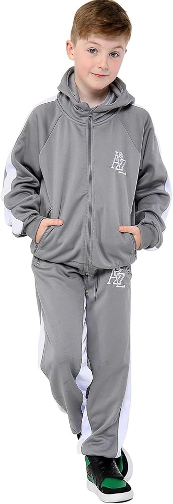 Kids Girls Boys Tracksuit Contrast Panel Steel Grey Hooded Top Bottom Jogg Suits