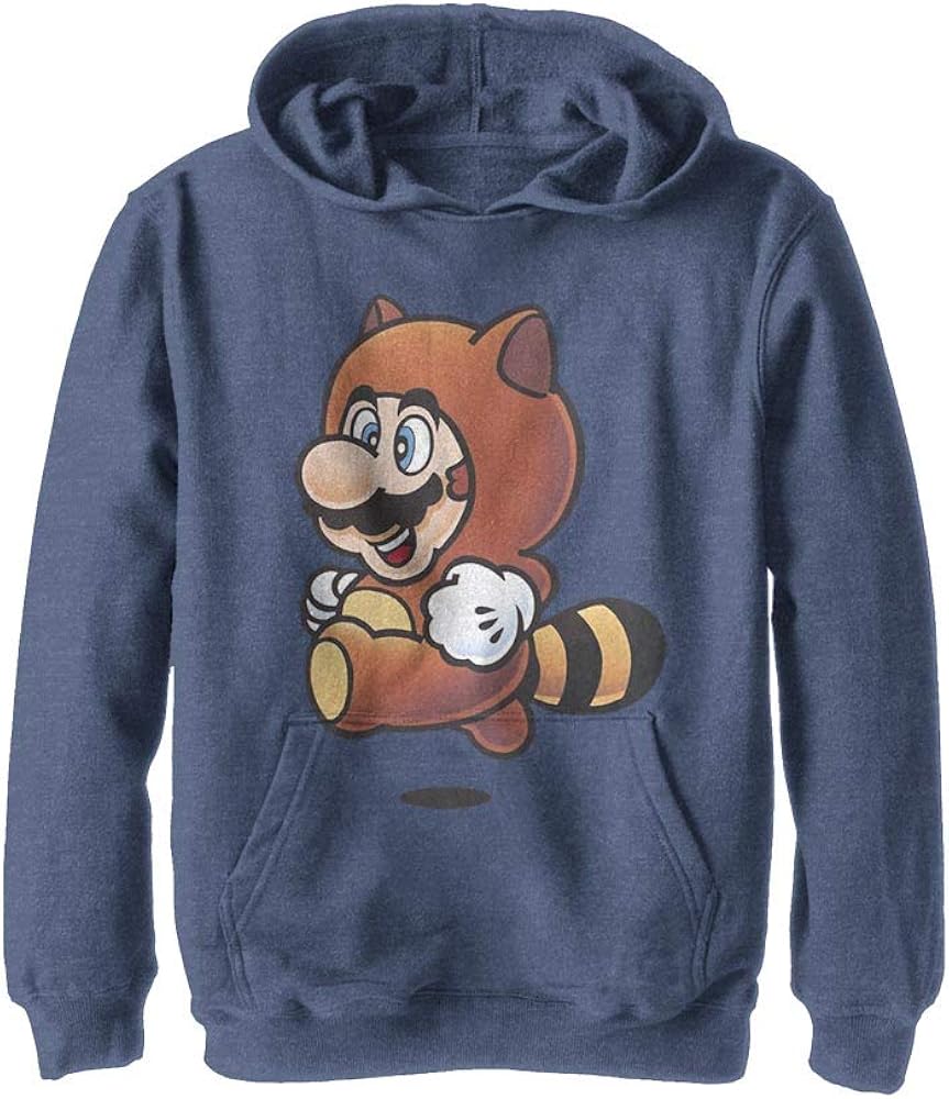 Nintendo Tanooki Yeah Youth Hooded Pullover Fleece Navy Heather