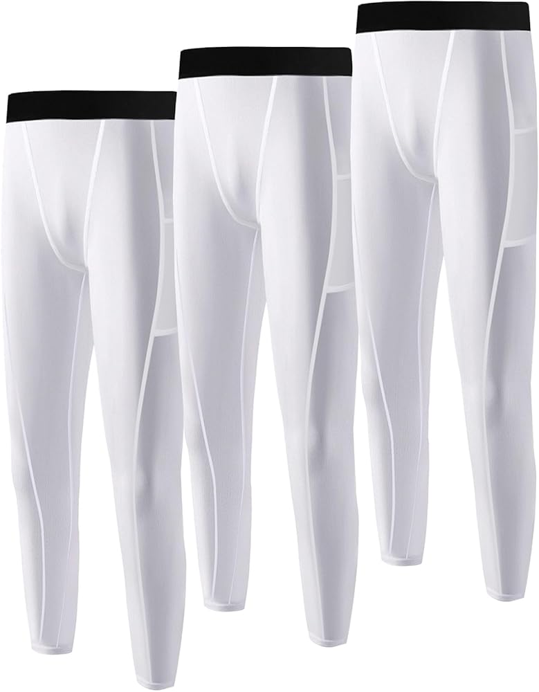 3 Pack Youth Boys Compression Leggings Athletic Pants Basketball Base Layer Football Workout Tights with Side Pockets