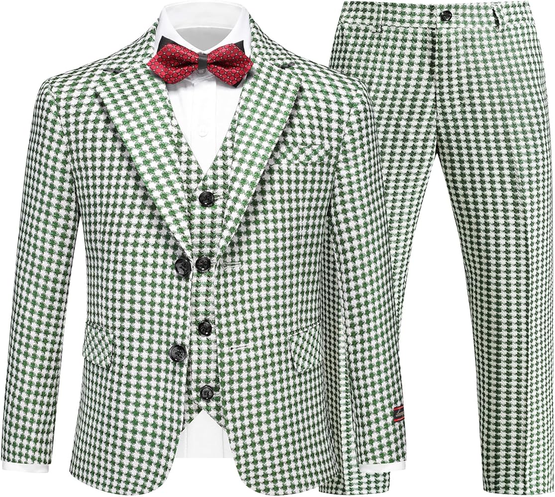 Lamgool Boys Suits 3 Piece Slim Fit Houndstooth Tuxedo Blazer Jacket Pant for Kids Prom Wedding Formal Dress Suit Set 4-16Y