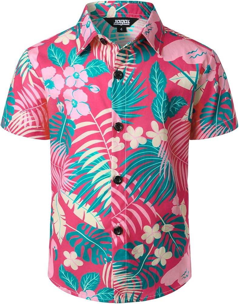 JOGAL Boy's Hawaiian Shirt Short Sleeve Floral Button Down Beach Shirt