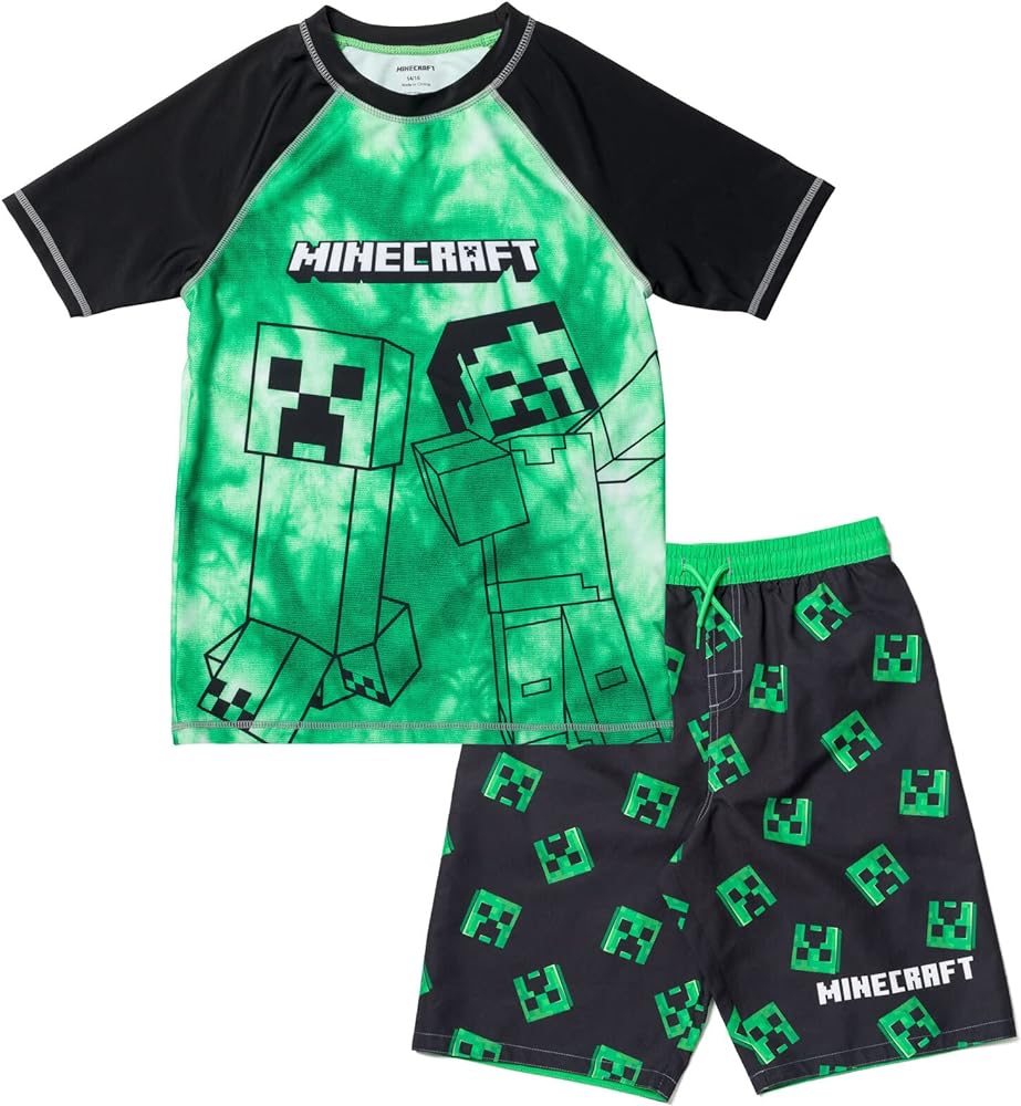 Minecraft Zombie Creeper Alex Steve Rash Guard and Swim Trunks Outfit Set Little Kid to Big Kid