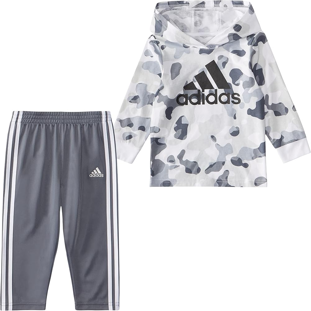 adidas boys Long Sleeve Printed Hooded Tee and Tapered Pants Set