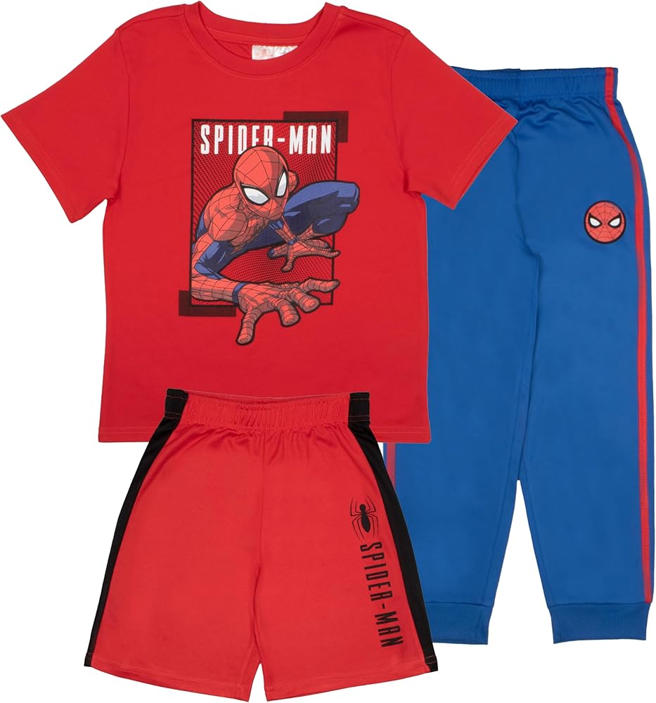 Marvel Avengers and Spider-Man Superhero Boys 3-Piece Set - Superheroes Short Sleeve T-Shirt, Shorts, & Jogger Pants 3-Pack