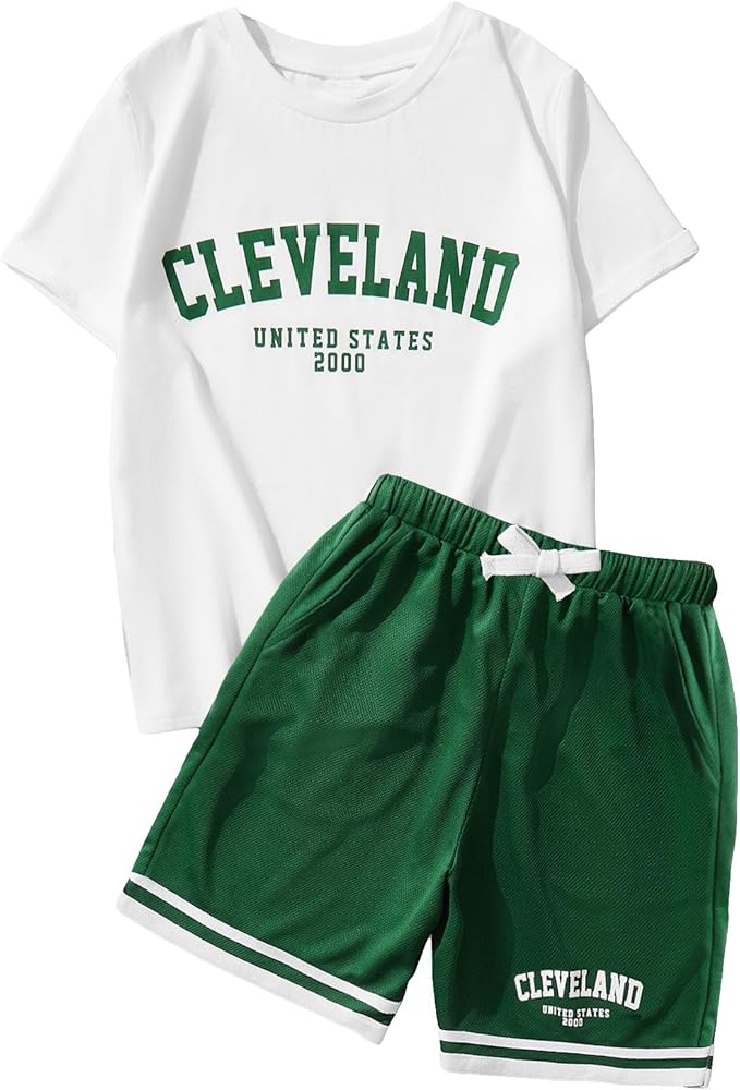 Floerns Boy's 2 Piece Outfit Letter Print Tee Shirt and Track Shorts Set