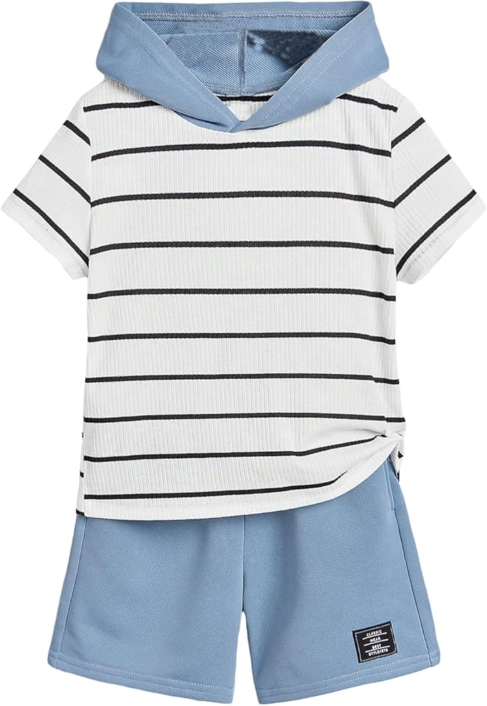 Boy's 2 Piece Striped Pattern Short Sleeve Hooded Neck Pullover Tee Top and Letter Patched Track Shorts Sets