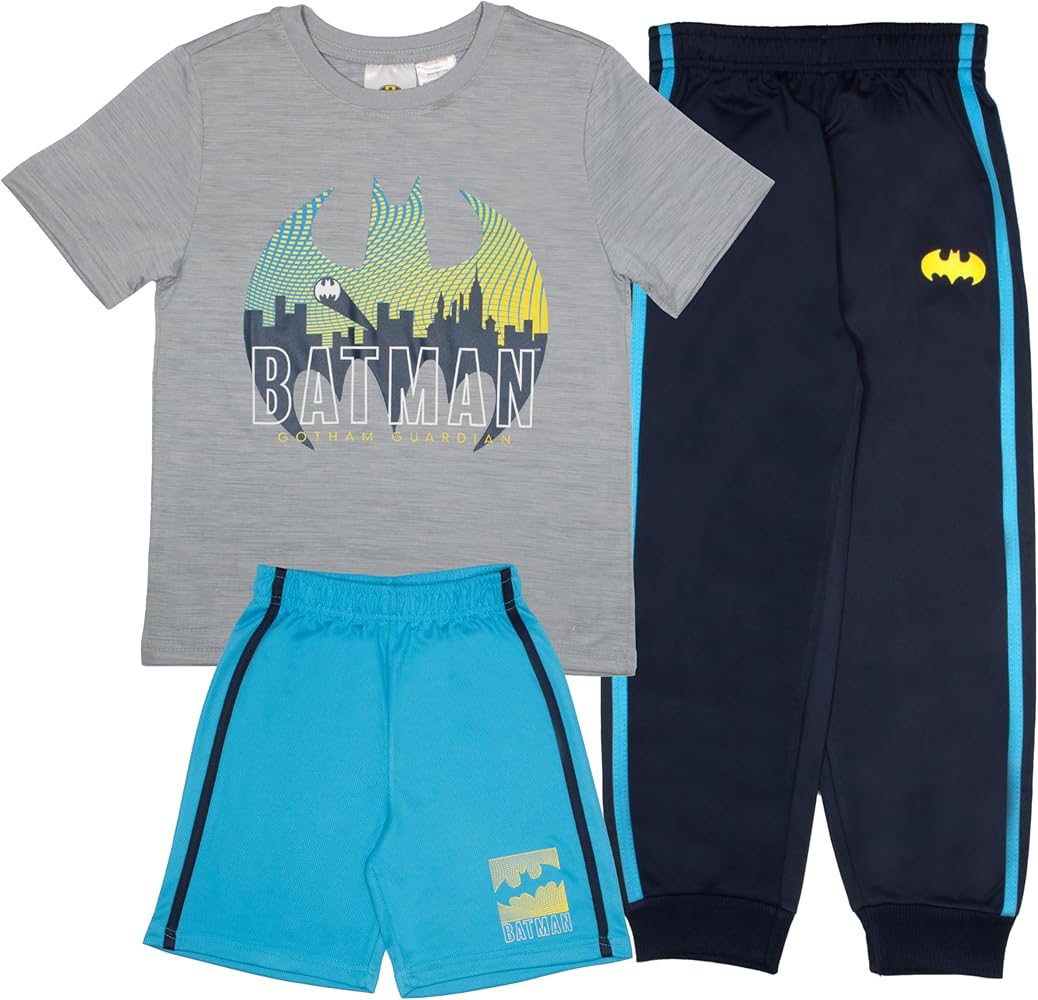 BATMAN Superhero Boys 3-Piece Set - Short Sleeve T-Shirt, Shorts, and Jogger Pants 3-Pack Bundle Set for Kids and Toddlers