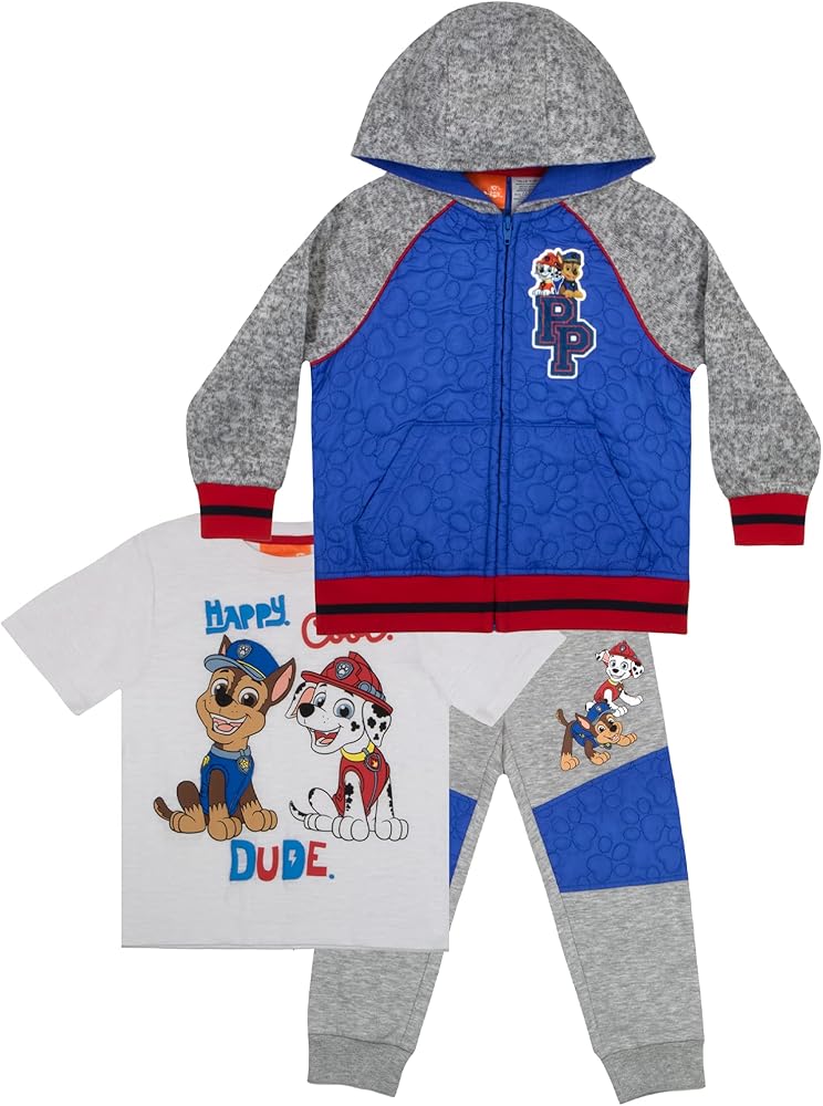 Nickelodeon Paw Patrol Boys 3 Piece Fleece Pants Set, Paw Patrol Zip-Up Hoodie, T-Shirt, and Pants 3-Pack Bundle Set