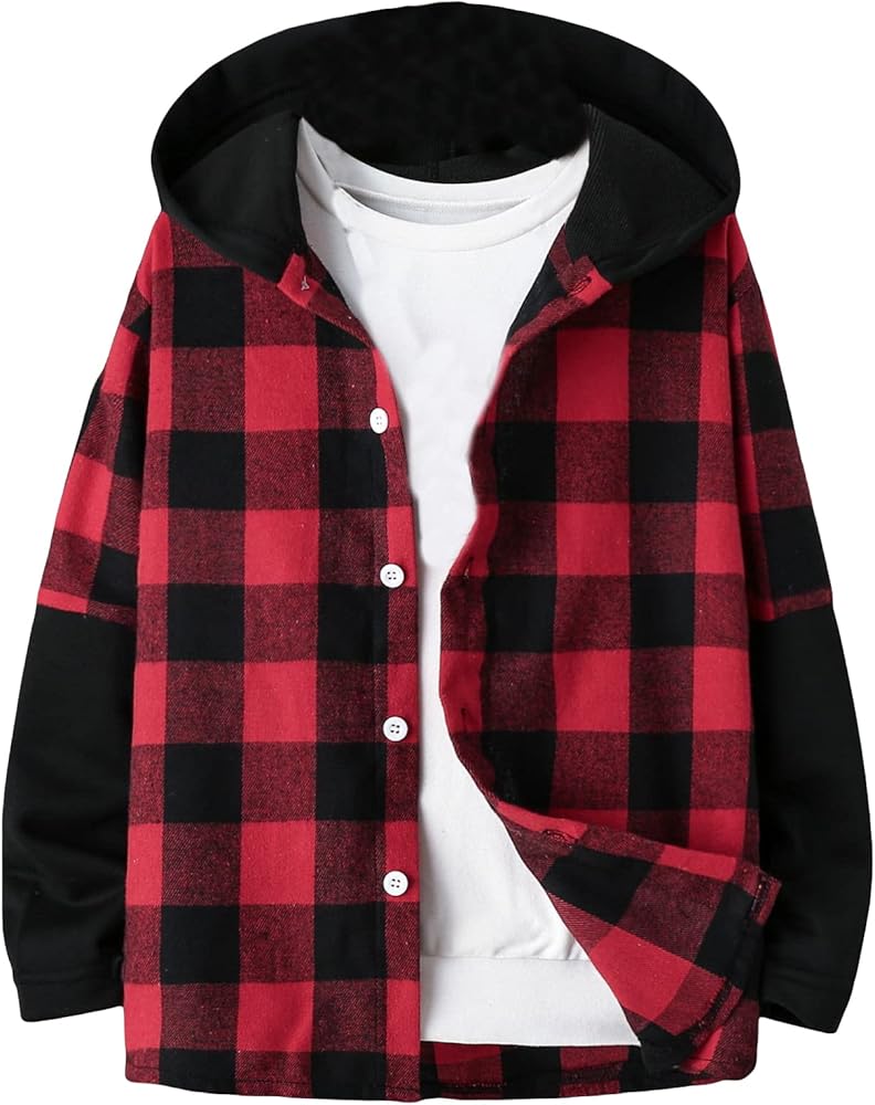 WDIRARA Boy's Plaid Button Front Long Sleeve Hooded Shirt Casual Tops