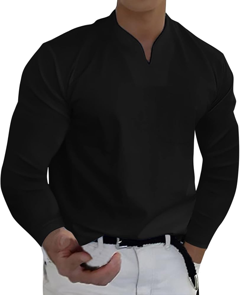 Men Spring Spring &Winter Casual V Neck Solid Long Sleeve Tee Shirt Top Blouse Boy Indoor Slipper FFFG Black