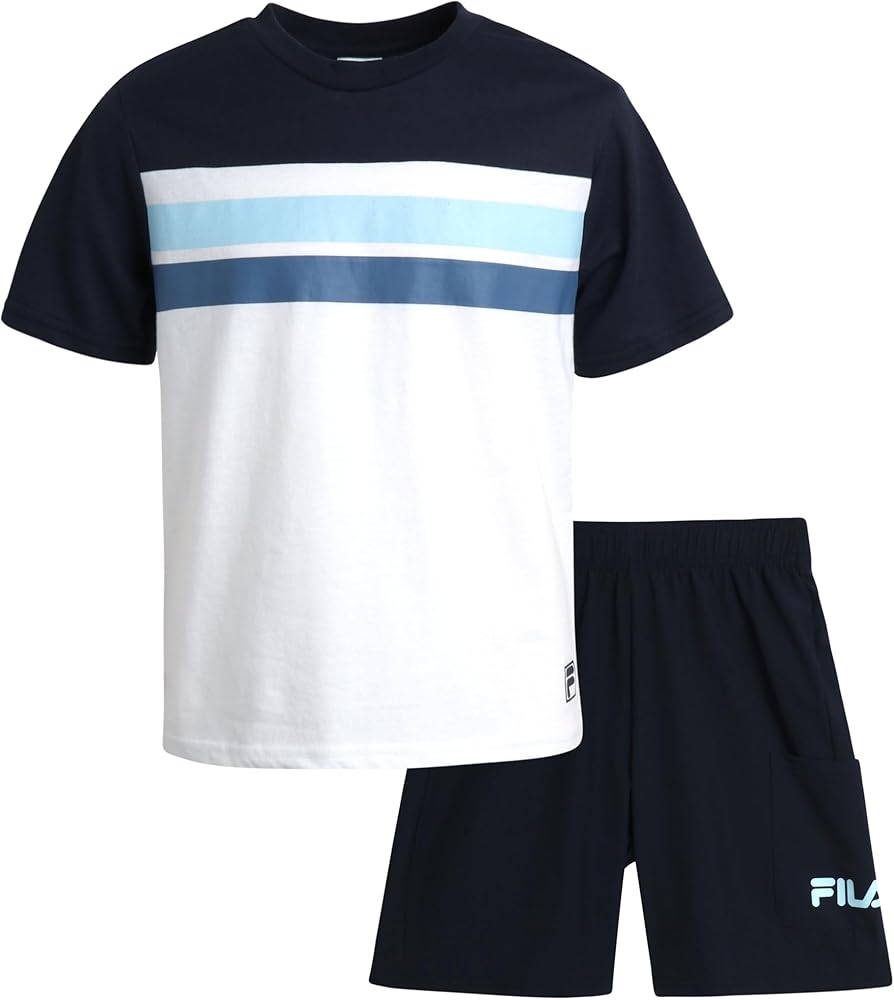 Fila Boys' Shorts Set - 2 Piece Basic Short Sleeve T-Shirt and Hybrid Tech Cargo Shorts - Summer Clothing Set for Boys (4-12)