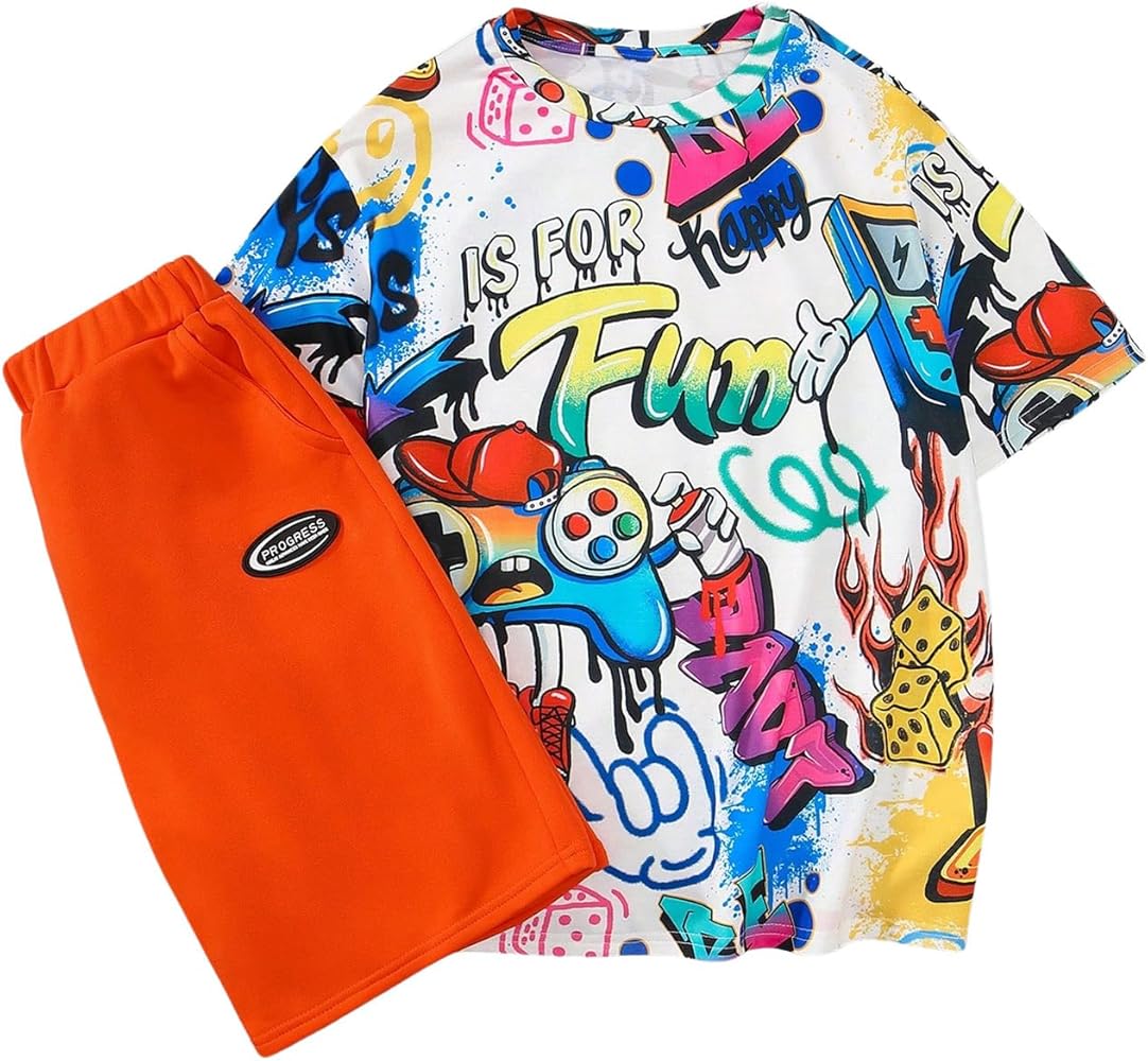 Floerns Boy's Letter Print Short Sleeve Tee Shirts with Track Shorts 2 Piece Set