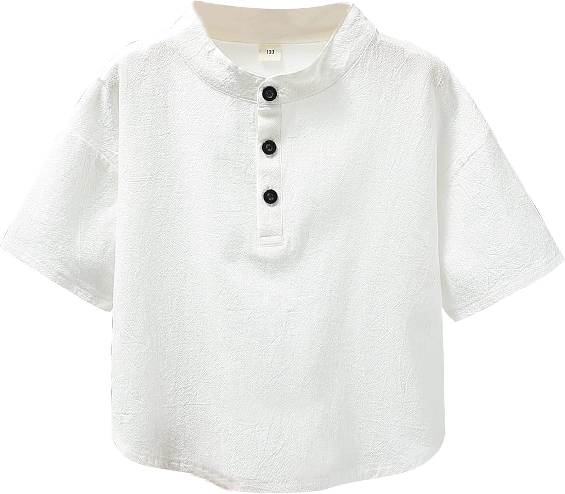 KISBINI Boys Linen Button Down Henley Shirt Short Sleeve Summer T Shirt Tops