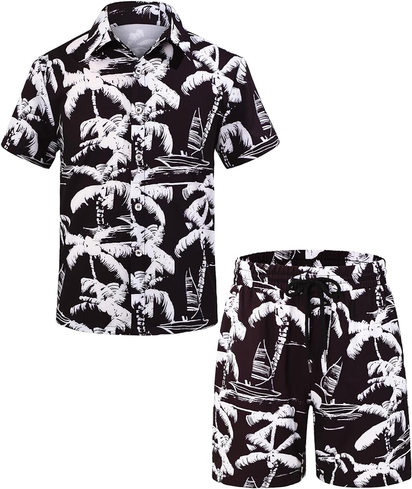 Boys Hawaiian Outfits Tropical Print Button Down Shirts and Short Sets for 5-12Y Kids