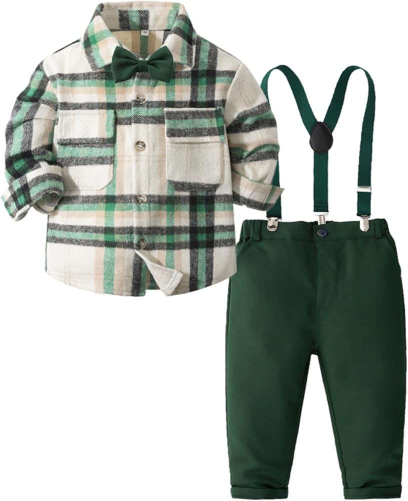 Kimocat Toddler Boy Clothing Sets Plaid Shirt Bowtie and Suspender Strap Pants Outfits