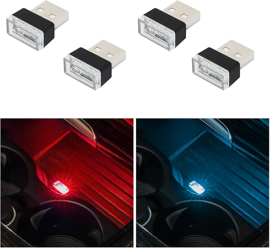 4 PCS USB LED Car Interior Atmosphere Lamp, Plug-in USB Decor Night Light, Portable Auto Ambient Lighting Kit, Universal Vehicle Interior Accessories for Most Cars (2 Red+2 Ice Blue)