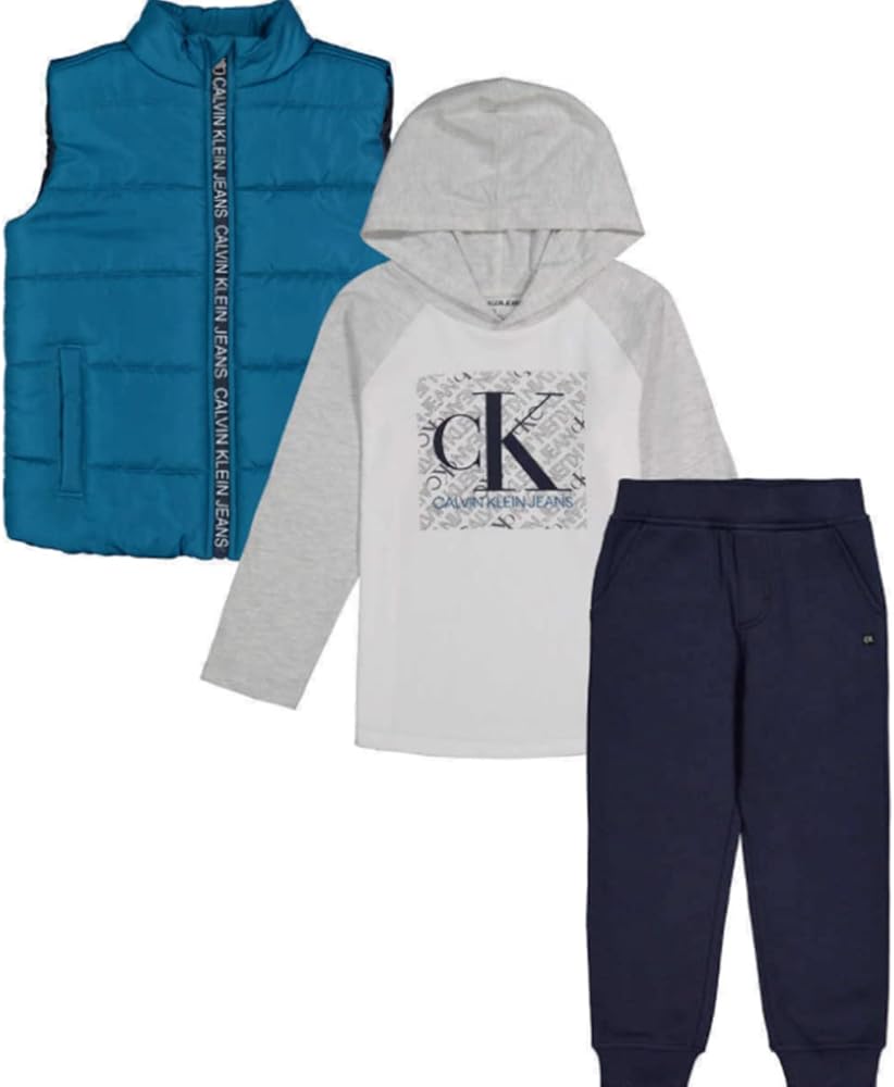 Calvin Klein Boys' 3 Pieces Vest Pants Set, Bright Blue, 4T