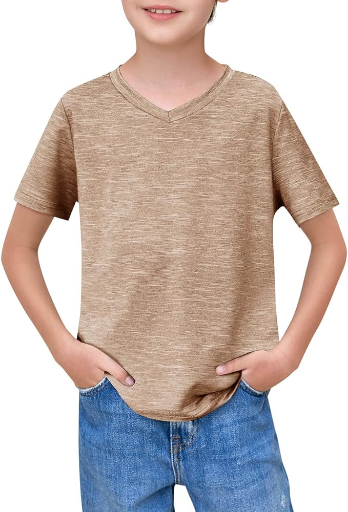 Haloumoning Boys Short Sleeve V Neck T Shirts Summer Casual Kids Soft Tshirts Basic Tees Tops 4-14 Years