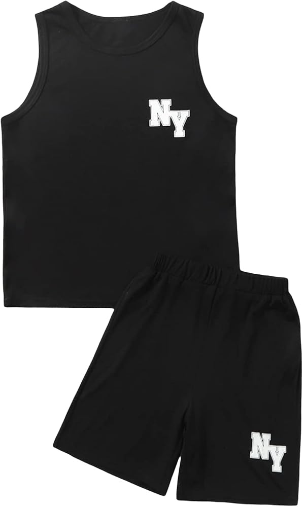 Floerns Boys 2 Piece Outfit Graphic Print Tank Top with Track Shorts Set