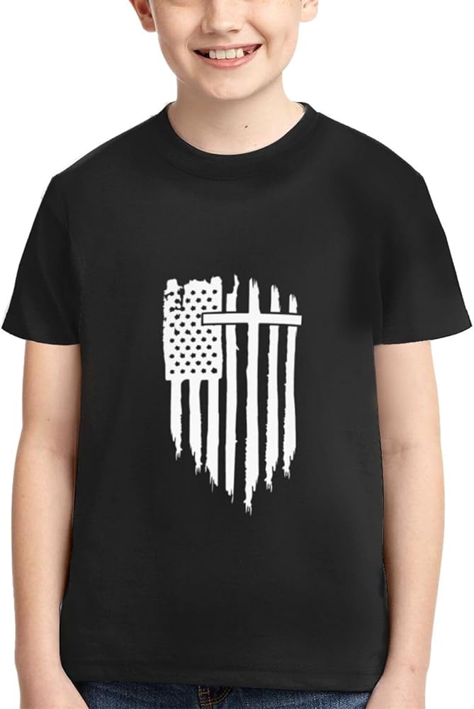 American Flag Cross Christian Bible God Jesus Shirts Youth Short-Sleeve T-Shirts Active T Athletic Tops Tee for Boys & Girls