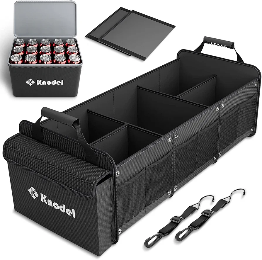 K KNODEL Extra Large 3 Compartments Trunk Organizer Heavy Duty for Car, SUV with Cooler Bag, 2 Adjustable Securing Straps (4-in-1, Black)