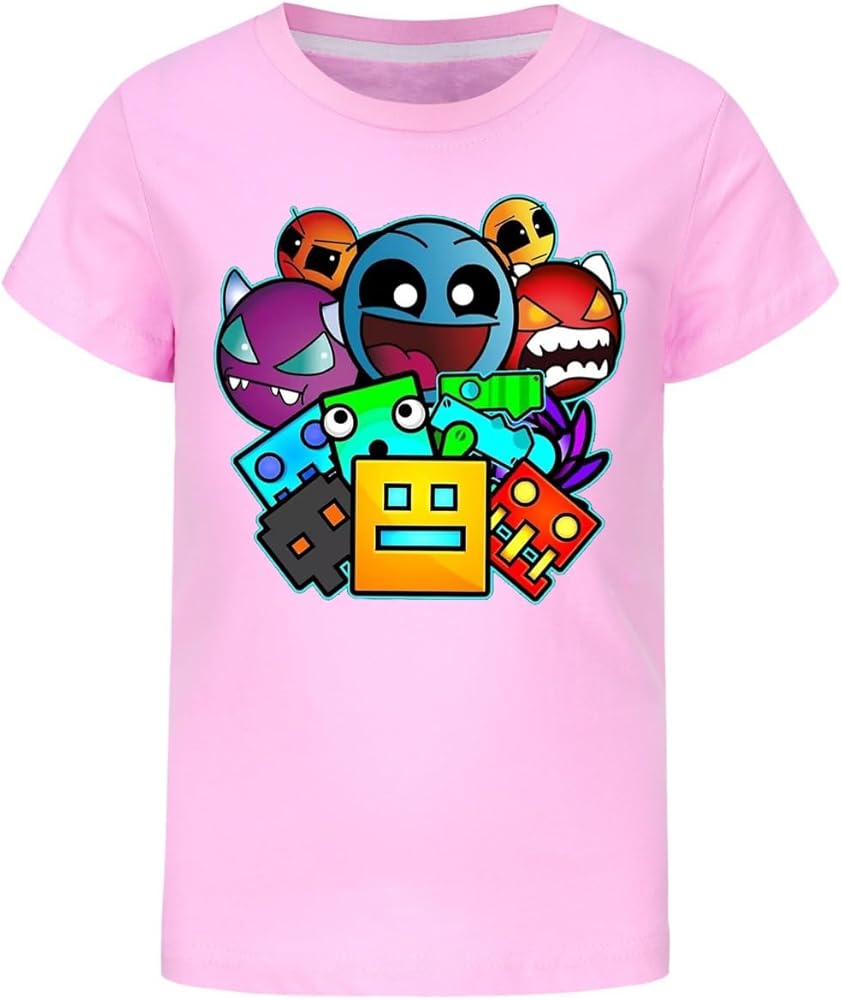 Kids Summer Short Sleeve t Shirt Geometry Dash Cotton Baby Boys tees Little Girls Tops Teens Clothes chlid Shirts, 14-15 Years