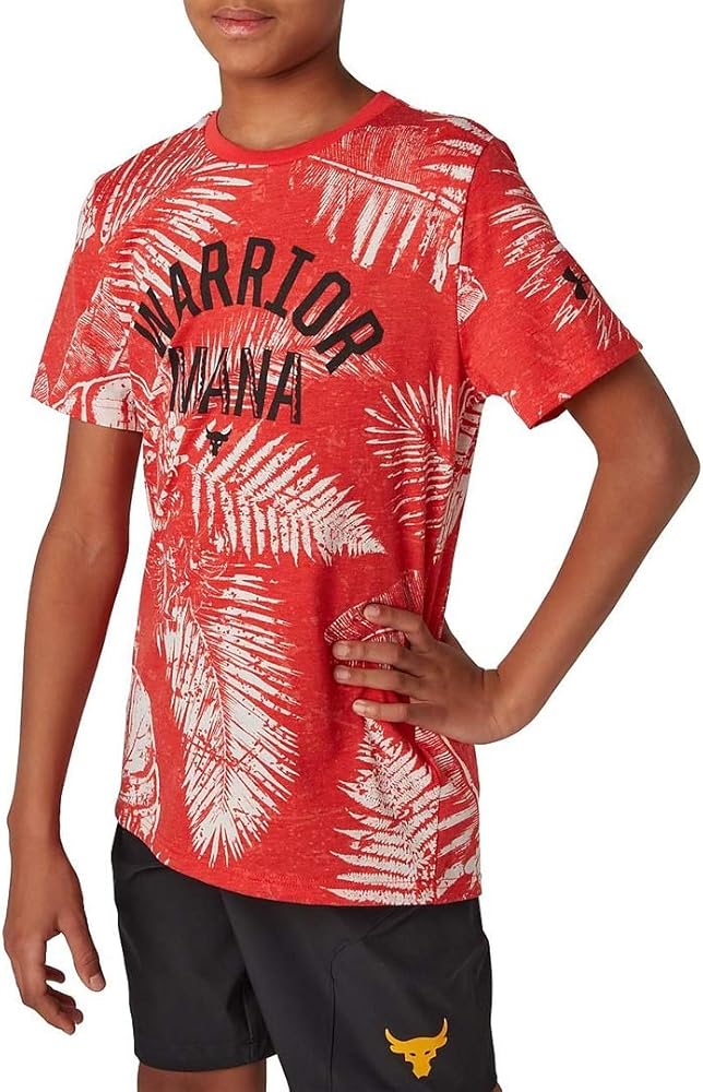 Under Armour Boys' Project Rock Aloha Warrior Mana Short Sleeve Shirt (Versa Red/Black - 608, Youth X-Small)