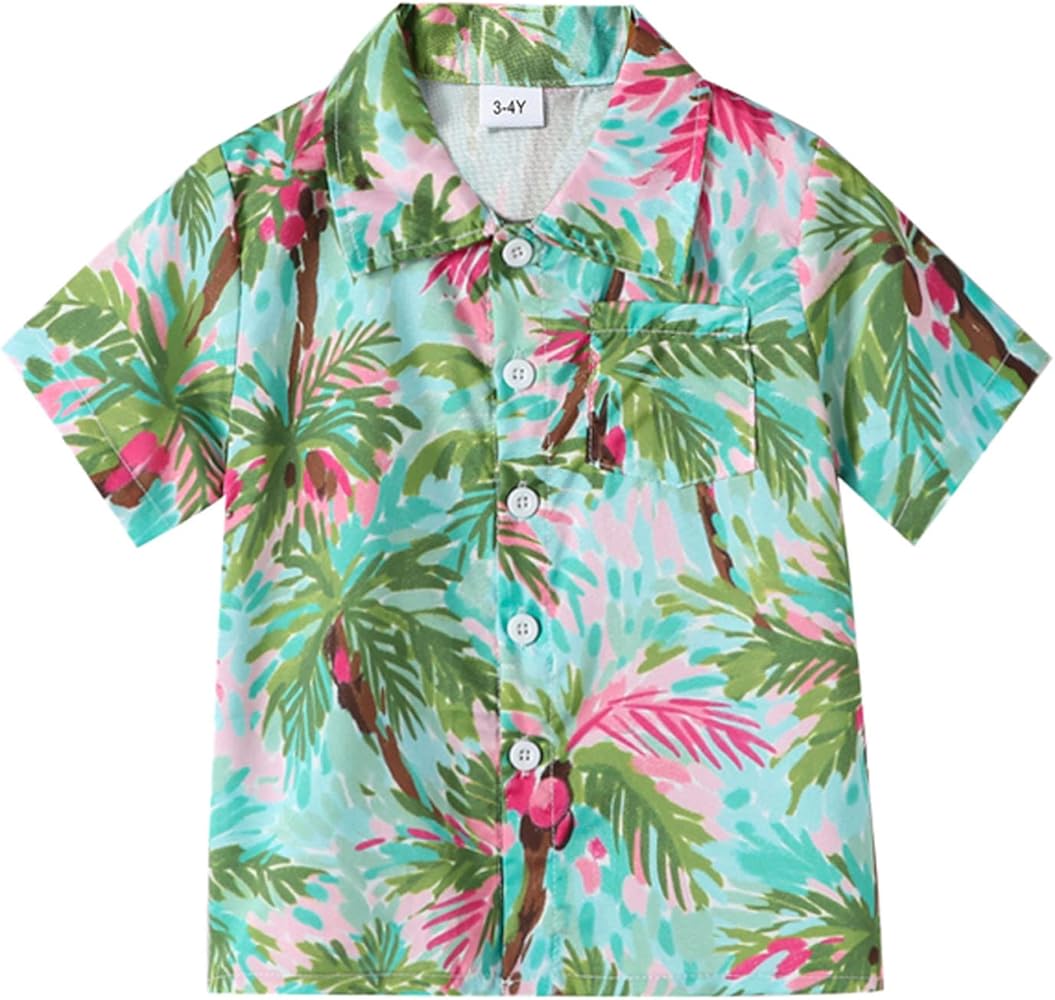 Toddler Boys Summer Short Sleeve T Shirt Leaf Prints Beach Gentleman Button Down Shirt Lapel Neck Hawaii Tee Top