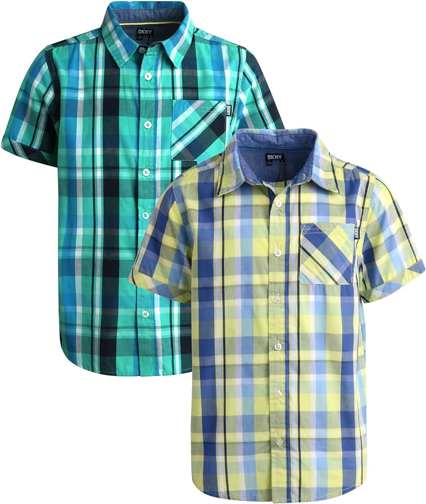 DKNY Boys' Button Down Shirt - 2 Pack Casual Short Sleeve Woven Shirt - Kids' Collared Shirt for Boys (4-18)