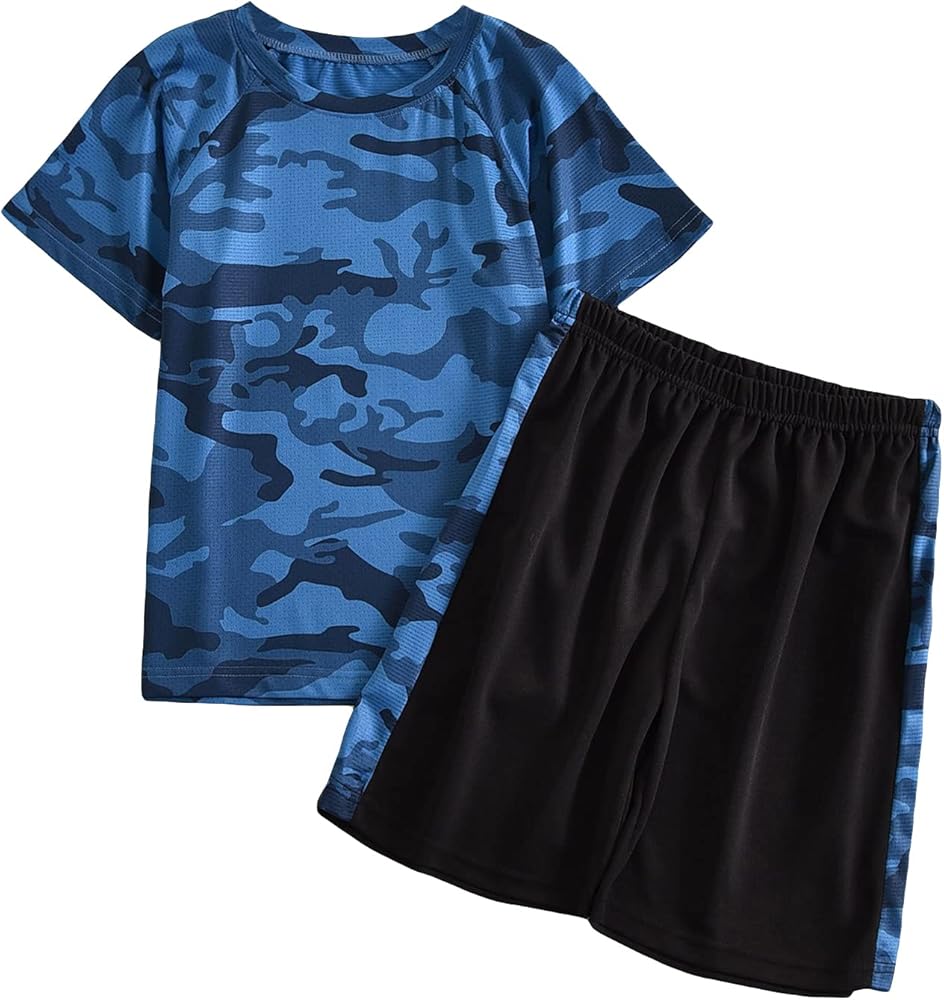 SHENHE Boy's 2 Piece Outfits Color Block Short Sleeve Camo Tee Shirt and Drawstring Shorts Set