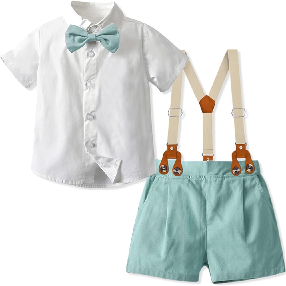 SANGTREE Baby Boys Gentleman Suit Clothes, Dress Shirt with Bowtie + Suspender Shorts