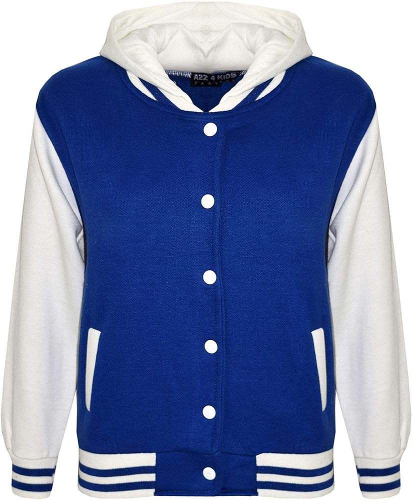 A2Z 4 kids Girls Boys B.B Plain Hooded Jacket Varsity Classic Baseball Coat - B.B Plain Hooded Jacket Royal 7-8