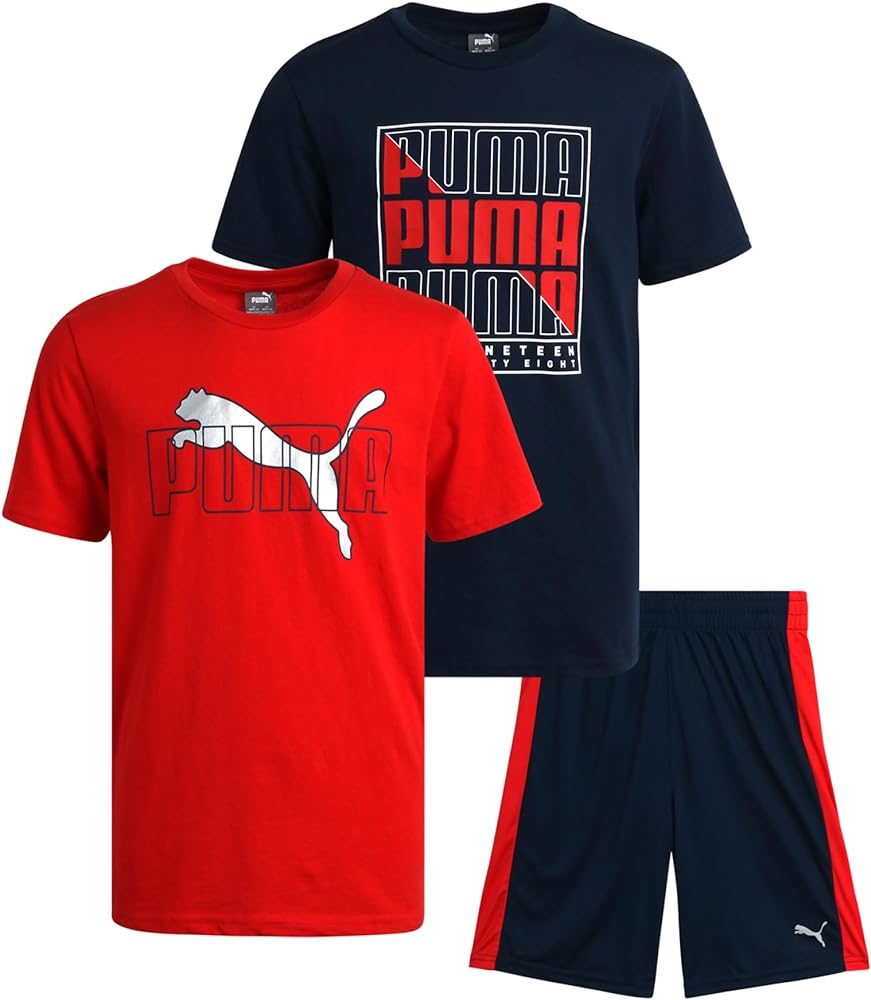 PUMA Boys' Active Shorts Set - 3 Piece Performance T-Shirt, Dry Fit Tank Top, and Gym Shorts - Activewear Set for Boys (S-L)