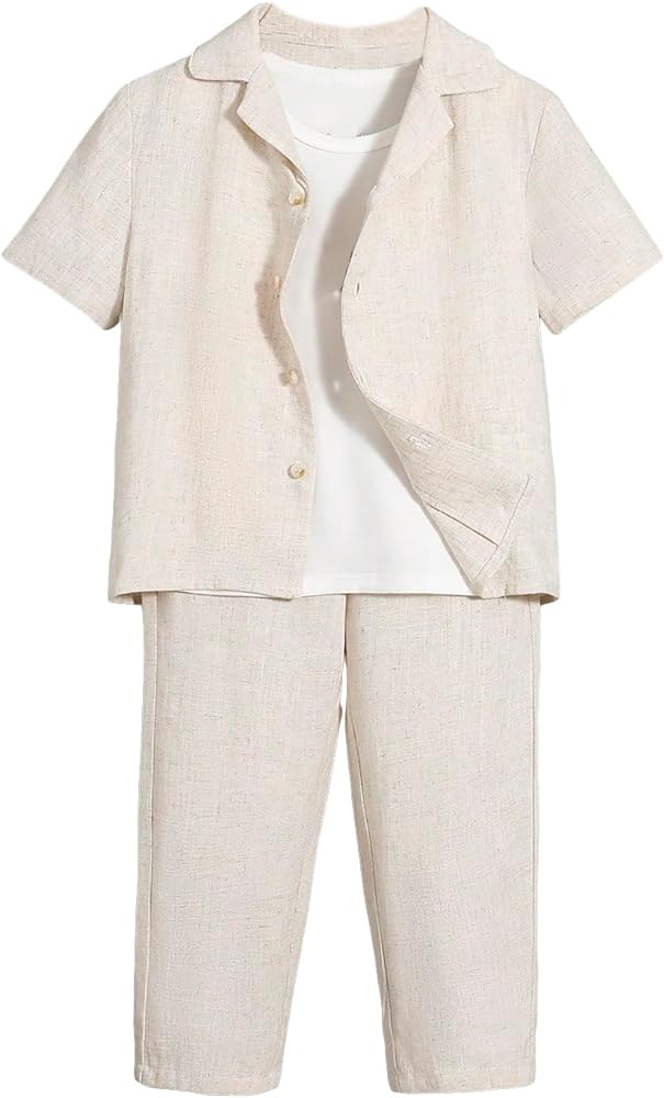 Verdusa Boy's 2 Piece Outfits Linen Set Button Up Matching Set Short Sleeve Shirt and Drawstring Waist Vacation Pants Set