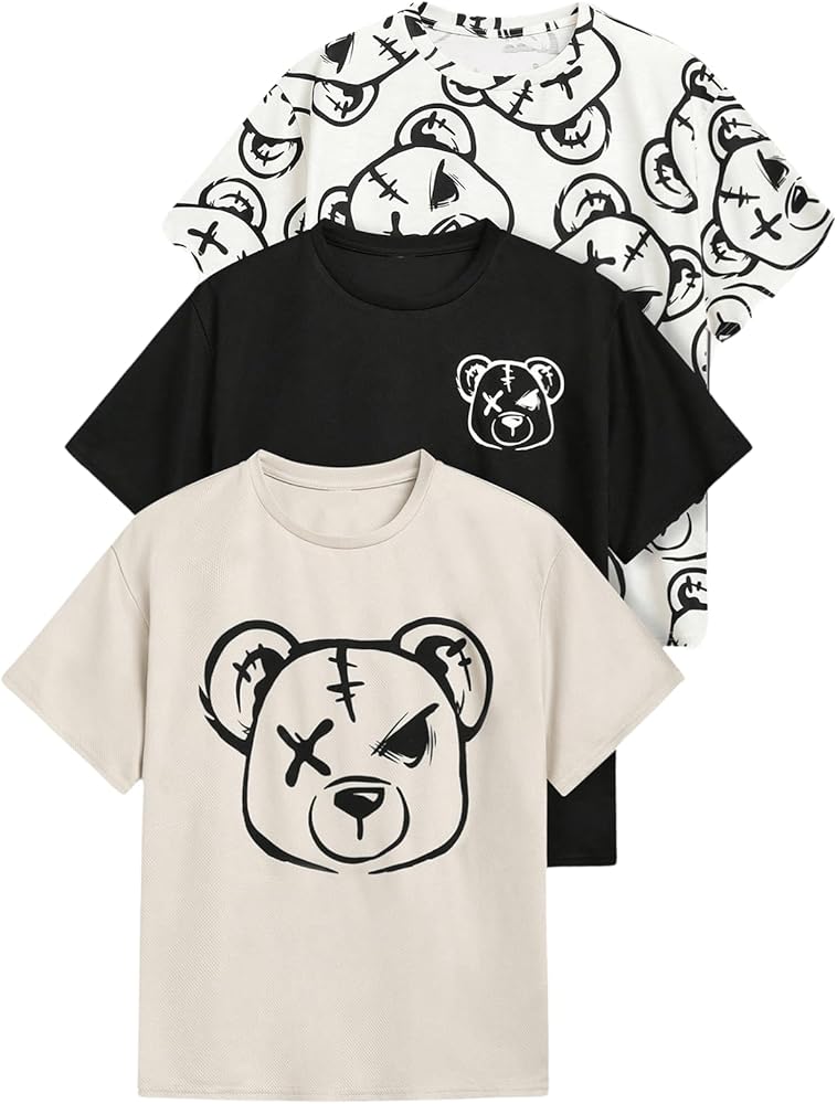 WDIRARA Boy's 3 Pieces Cute Cartoon Print T-Shirt Round Neck Short Sleeve Tee Top