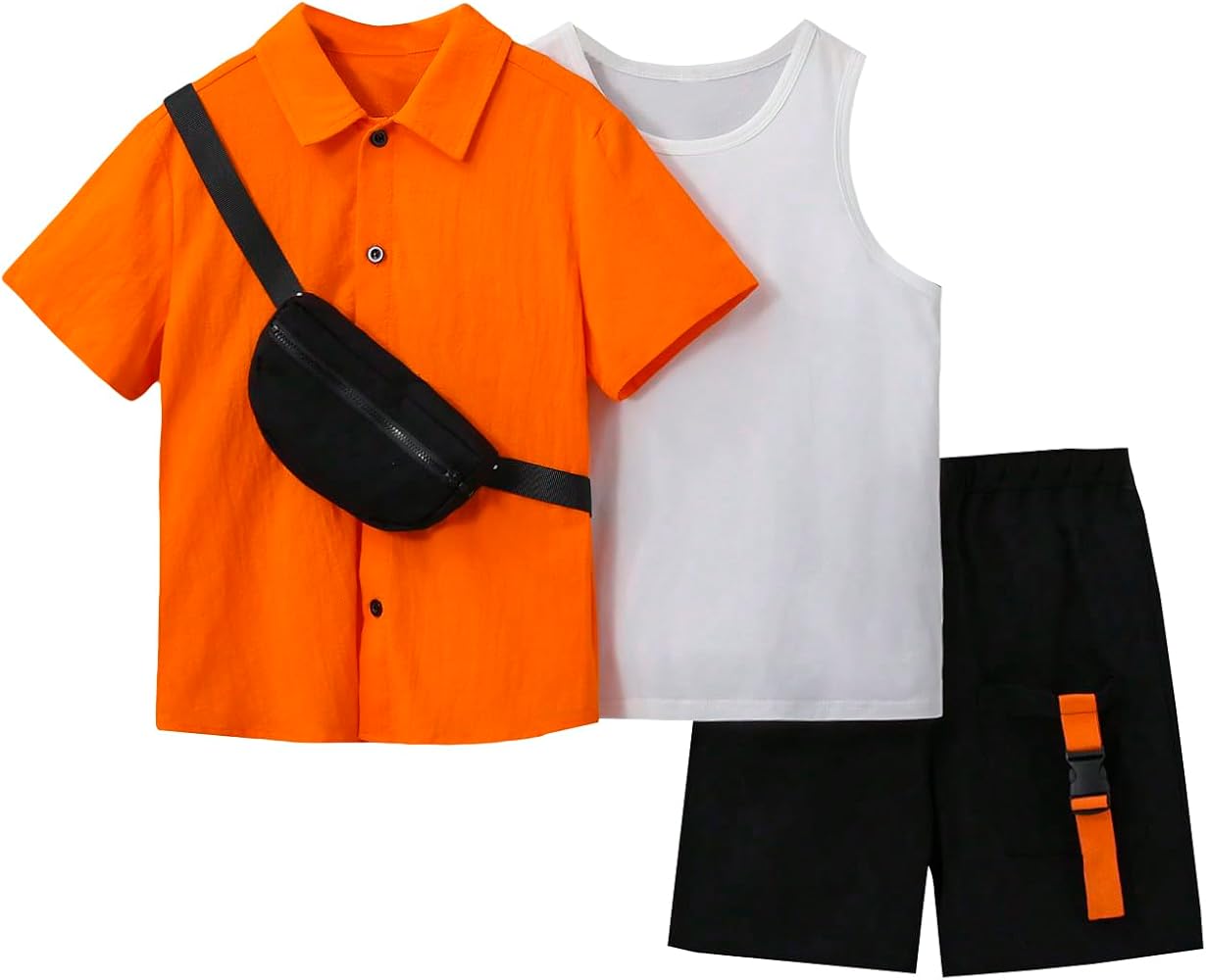 Verdusa Boy's 4 Piece Sets Button Up Shirt Tank Top and Shorts with Crossbody Bag