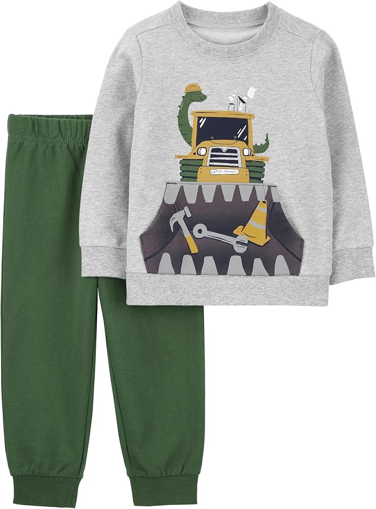 Carter's Boys' 2T-4T 2 Piece Long Sleeve Knit Top and Pants Set (Heather/Green Construction, 2T)