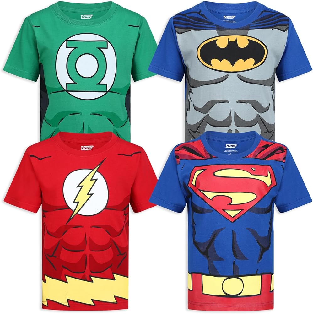 DC Comics Justice League Boys’ 4 Pack T-Shirts for Toddler and Little Kids– Blue/Red/Green/Gray